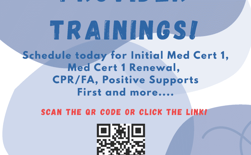 Promotional flyer for 2026 provider trainings in Sandusky County, Ohio offering Medical Certification, CPR/First Aid, and Positive Supports courses with QR code and contact information