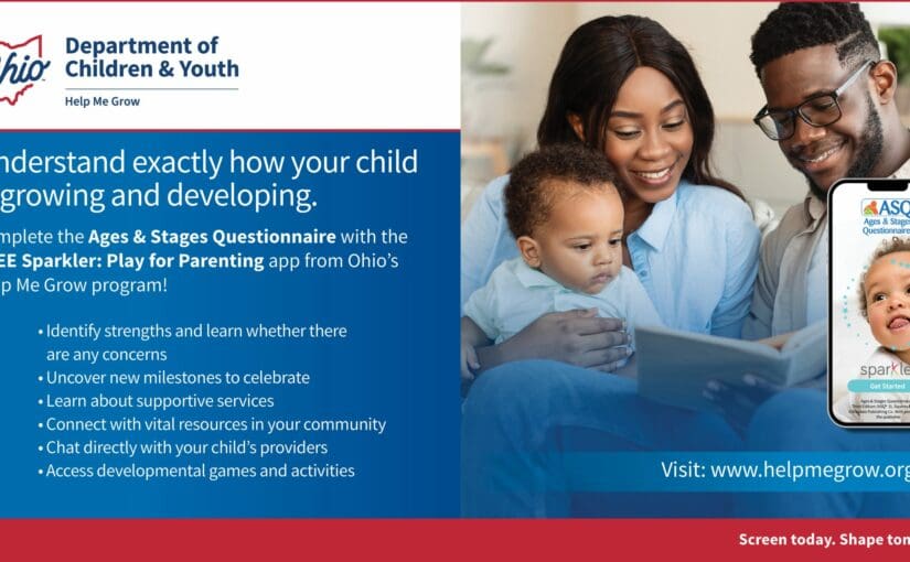 Ohio Department of Children & Youth promotional flyer for Ages & Stages Questionnaire app showing family using tablet with text about child development screening and community resources