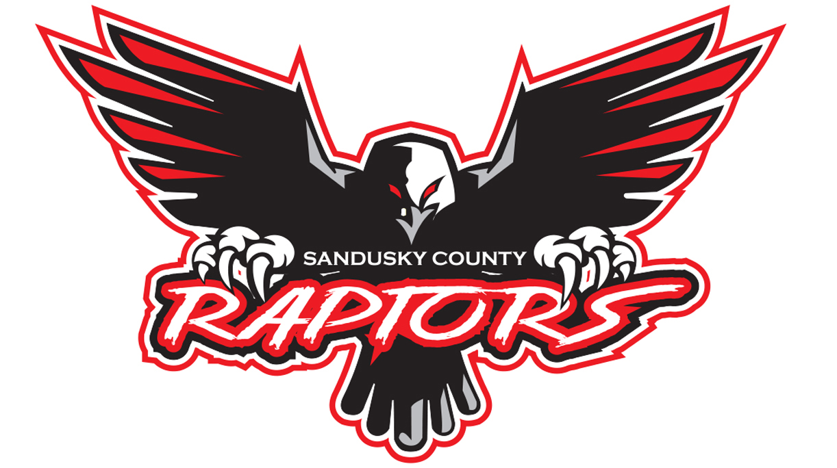 Sandusky County Raptors logo featuring a black eagle with red and white accents and outstretched wings